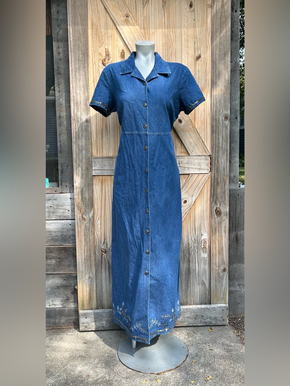 Vintage 90s Field Manor Floral Beaded Denim Button Front Maxi Dress~L~New